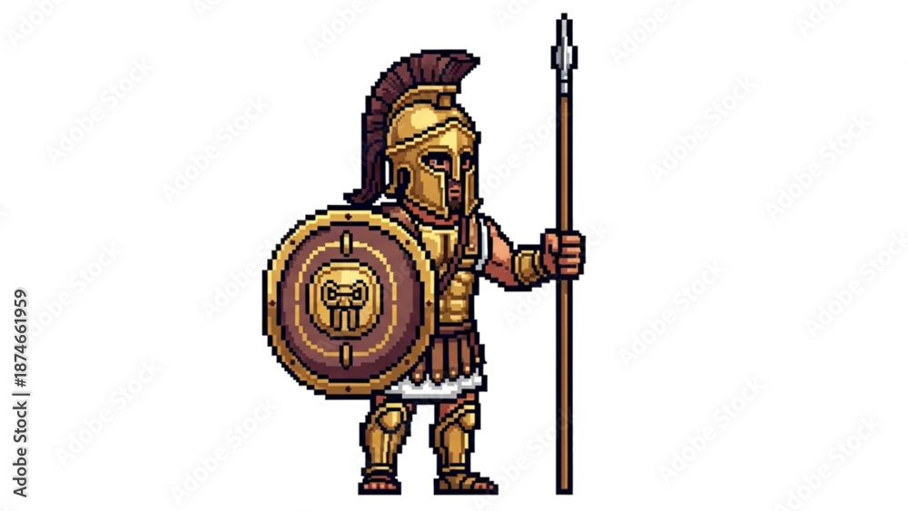Fototapeta premium A pixel art illustration of a Spartan warrior in full armor holding a shield and spear