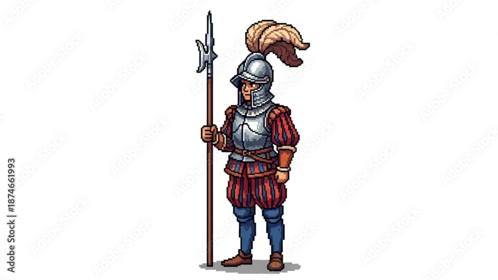 Fototapeta premium A pixel art illustration of a medieval knight in armor holding a spear