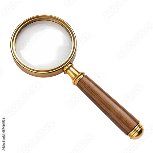Vintage gold magnifying glass with wooden handle on black background