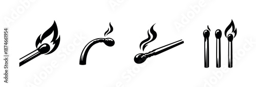 Burning matches icons set, vector symbols for ignition and fire collection