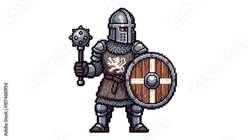 A pixel art illustration of a medieval knight in armor holding a mace and shield