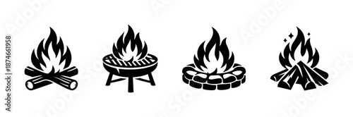 Campfire vector icons set: flames, logs, grill, stone circle for outdoor activities
