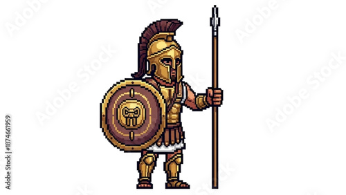 A pixel art illustration of a Spartan warrior in full armor holding a shield and spear