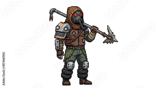 A pixelated illustration of a post-apocalyptic character wearing a gas mask and holding a weapon