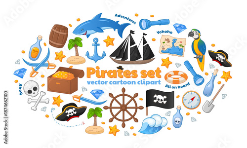 Set of pirate illustrations isolated on white background. Pirate flag, treasure chest, macaw parrot, anchor and others in cartoon style.