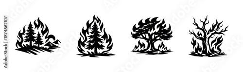 Forest fire vector icons set with trees. burning trees, wildfire, bushfire symbols
