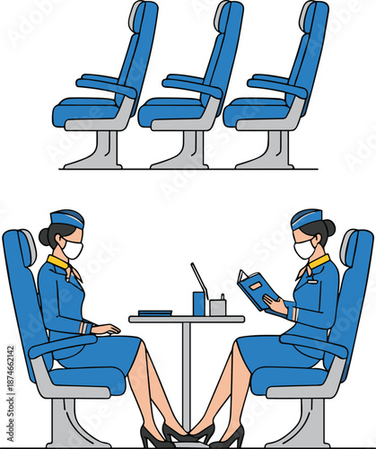 Airplane Cabin Seats and Flight Attendant Illustration, Airline Interior Seating with Crew Wearing Mask, Passenger Comfort and Aviation Vector Design