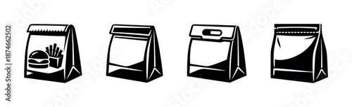 Food packaging vector icons set. fast food bags, takeaway designs, meal symbols.