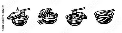 Ramen vector icons set: noodle bowls in black and white style