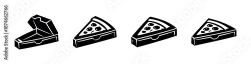 Pizza vector icons set with box and slice, food symbols, black and white