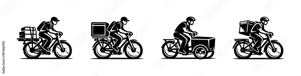 Obraz premium Courier delivery bicycle vector icons set: cargo, package, transport symbols