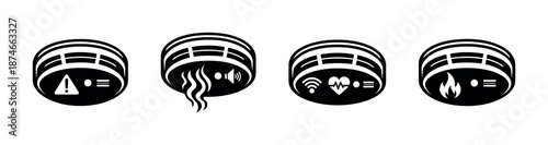 Alarm system vector icons set for smoke and fire detection devices