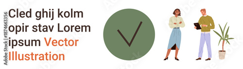 Business workflow, teamwork, approval processes, professional communication, collaboration, productivity. Two individuals next to a checklist icon. Teamwork and approval process concept