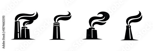 Factory and smoke vector icons set: industrial, pollution, emission symbols