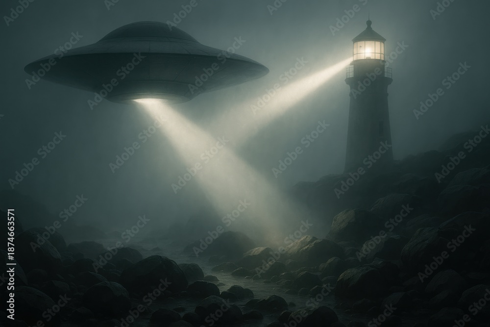 Obraz premium Ufo Near Lighthouse