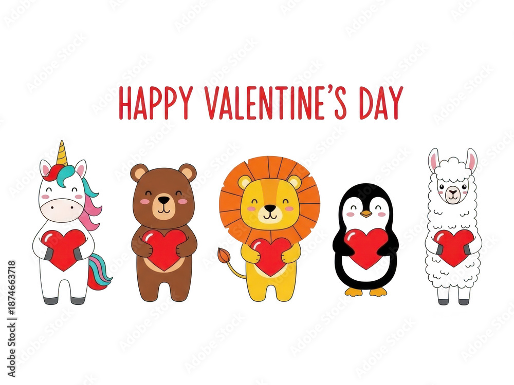 Fototapeta premium Happy valentines day card with cute cartoon animals holding hearts on transparent background