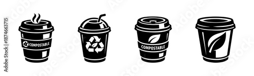 Compostable coffee cups vector icons set: eco-friendly, recycling symbols, black solid
