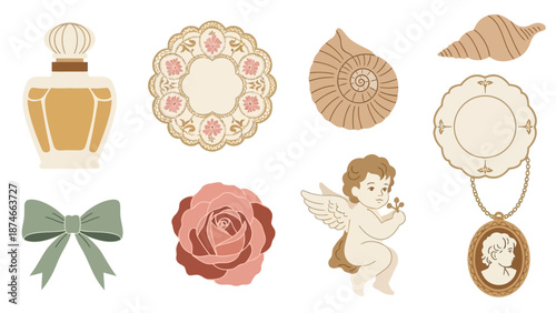 Vintage decorative elements: perfume, lace, shell, bow, rose, angel, cameo