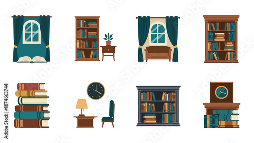 Cozy home library elements set with bookshelves, furniture, and accessories