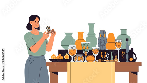 Woman admiring pottery collection in modern flat style artwork