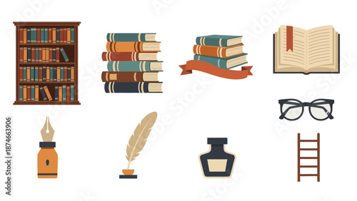 Flat design library elements: books, glasses, ink, and ladder set