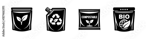 Eco-friendly packaging vector icons set: compostable, recyclable, bio bags, symbols