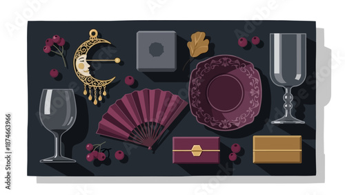 Elegant flat lay with wine glasses, jewelry, and ornate plates