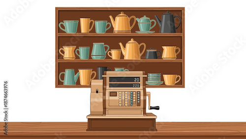 Vintage cash register with retro kitchenware on wooden shelf background