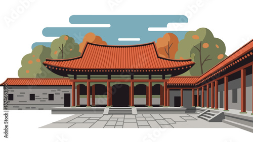 Traditional asian architecture with red roofs and autumn trees in flat design