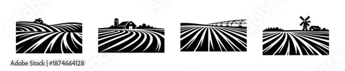 Rural landscape vector icons set: farm, field, windmill, barn silhouettes