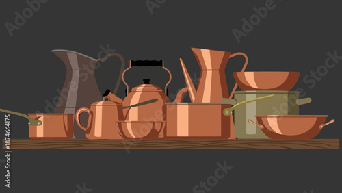 Colorful array of vintage copper cookware on wooden shelf