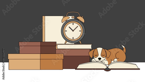 Cozy reading nook: sleeping puppy with books, vintage clock, and boxes in flat design