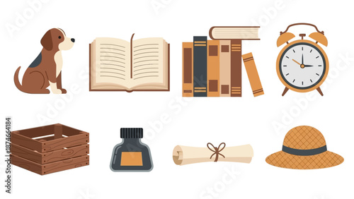 Vintage objects and dogs in a flat design for nostalgic home decor and education themes