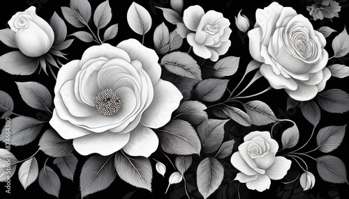 monochrome floral pattern featuring detailed white roses and leaves against a contrasting black background the design offers a classic aesthetic with intricate petal and leaf details