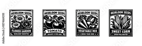 Heirloom seeds vector icons set: gardening, organic labels, vintage seed packets
