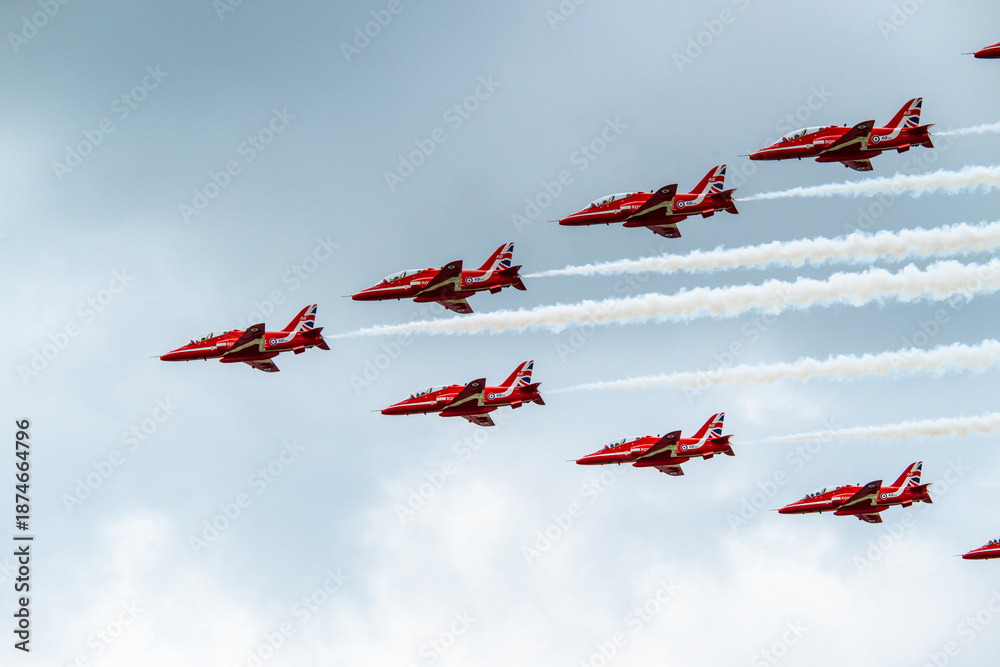 Fototapeta premium Sola, Norway - June 16 2024: Group of jet air planes performing a display.