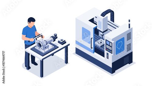 Isometric industrial cnc machining and operator working in modern workshop