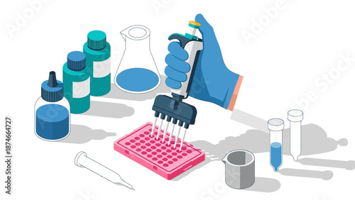 Isometric science lab experiment with gloved hand using multi-pipette and lab equipment