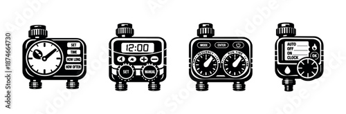 Water timer vector icons set. garden irrigation, sprinkler controls illustration