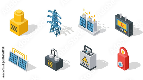 Isometric energy infrastructure icons set: solar panels, power lines, batteries, and generators