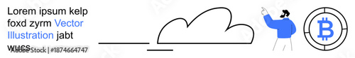 Technology, innovation, digital finance, blockchain, cloud storage, data analysis. Person pointing at a cloud icon near a Bitcoin symbol. Technology and digital finance concept