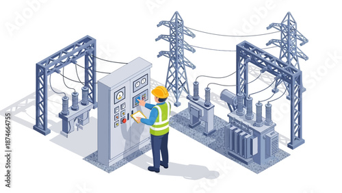 Engineer managing control panel in electrical substation with transformers and power lines