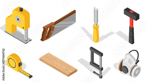 Essential isometric tools for woodworking projects and safety equipment