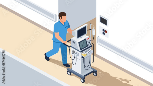 Healthcare worker navigating corridor with medical equipment in isometric style