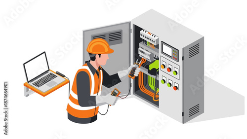 Technician working on control panel with safety gear in isometric style