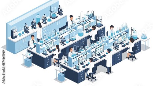 Isometric modern science lab with researchers and advanced equipment