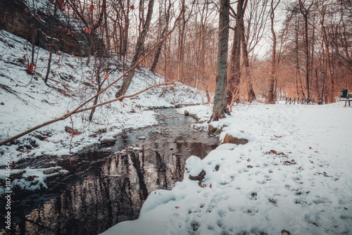 A tranquil winter scene featuring a narrow stream flowing through a snow-covered forest. The banks are lined with deep snow and deciduous trees with bare branches, reflecting softly in the dark water