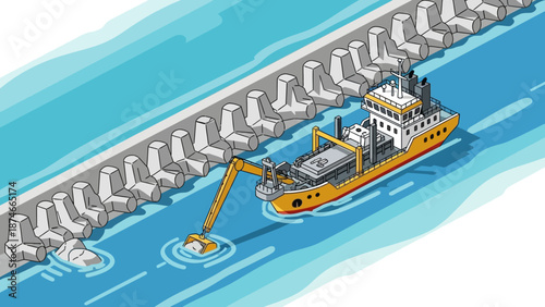 Isometric dredging ship near breakwater in a harbor scene