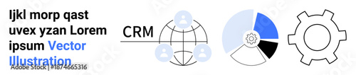 CRM network of user head icons, a segmented pie chart, and a gear for system process. Ideal for technology, team collaboration, CRM platforms, strategy, data analysis, development simple landing