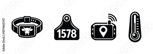 Farm technology vector icons set: animal tracker, tag, gps, thermometer symbols